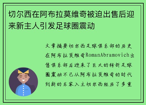 切尔西在阿布拉莫维奇被迫出售后迎来新主人引发足球圈震动 切尔西在阿布拉莫维奇被迫出售后迎来新主人引发足球圈震动